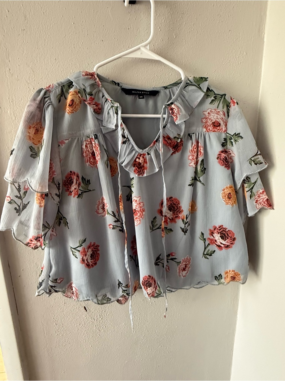 Walter Baker Powder Blue Floral Ruffle Tie-Neck Blouse